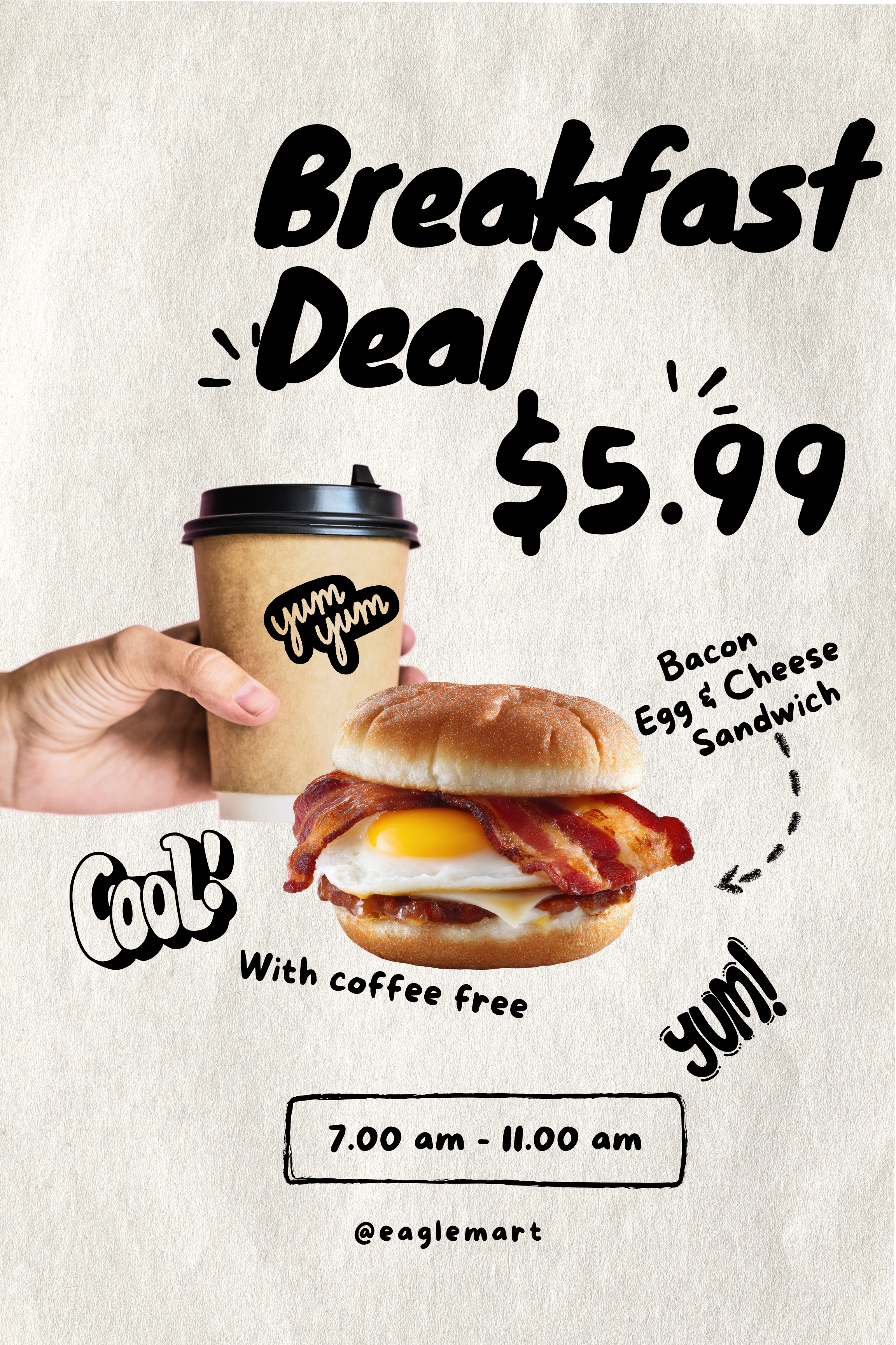 Eagle Mart breakfast deal with bacon egg and cheese sandwich and coffee in Lebanon PA